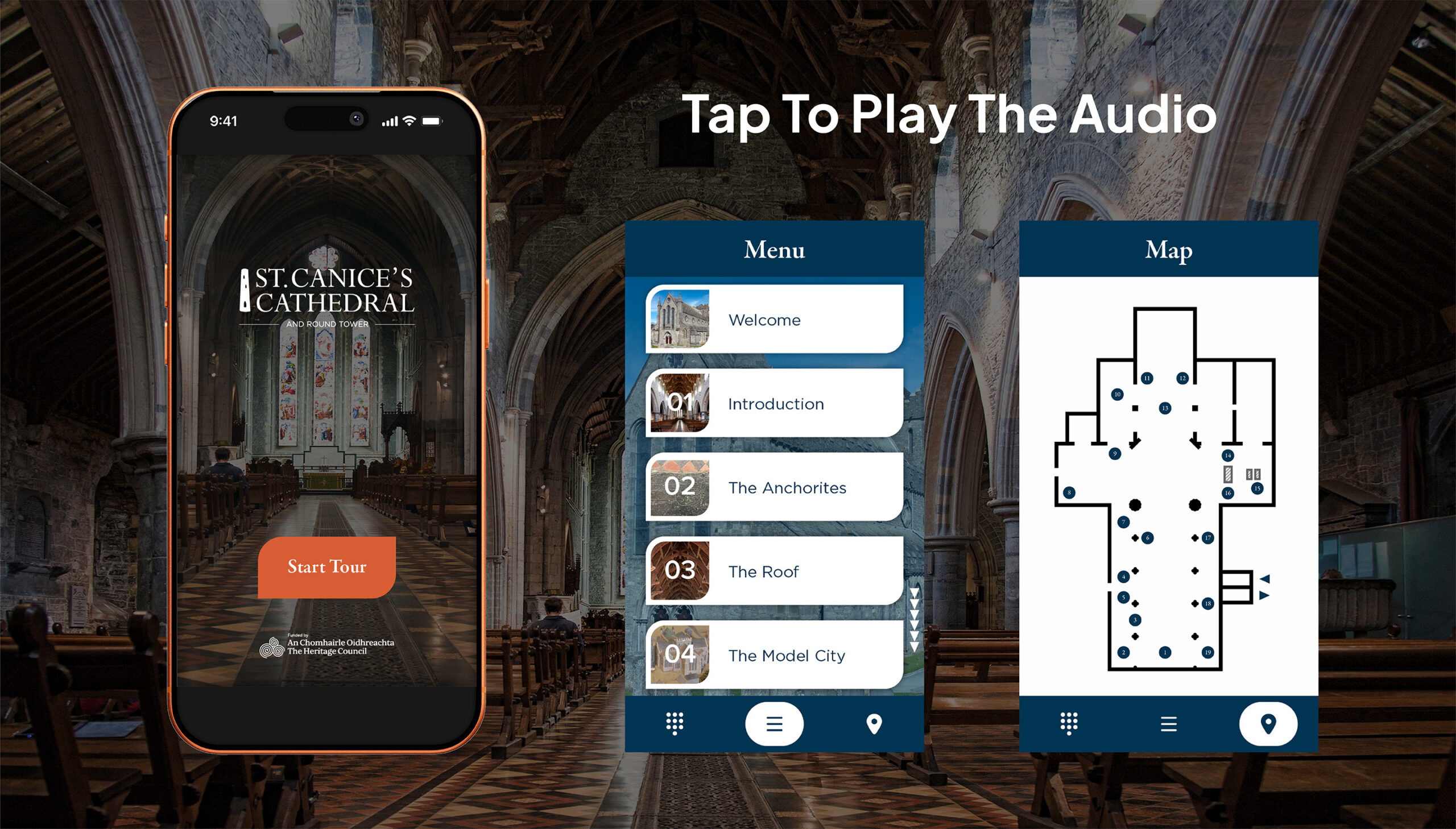 Video showing a demo of the St Canice's Cathedral tour on a smartphone