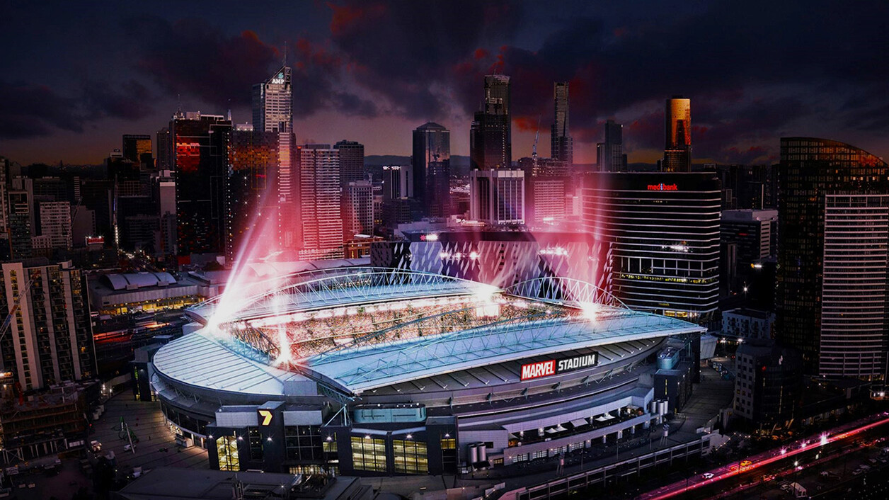Marvel Stadium lit up at nighttime